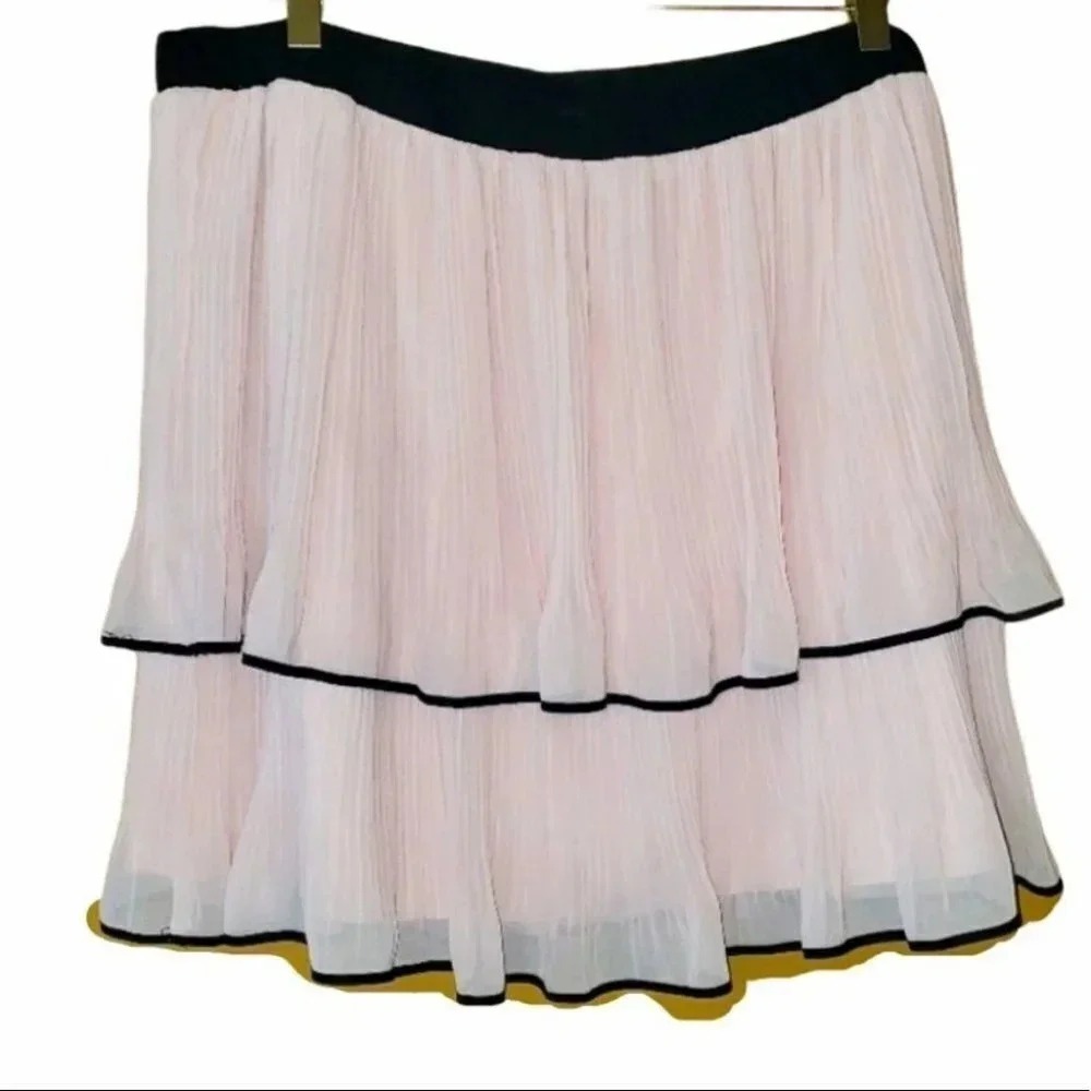Worthington Tiered Ruffle Mini Skirt, Party Cocktail Skirt Black Trim Pink Skirt